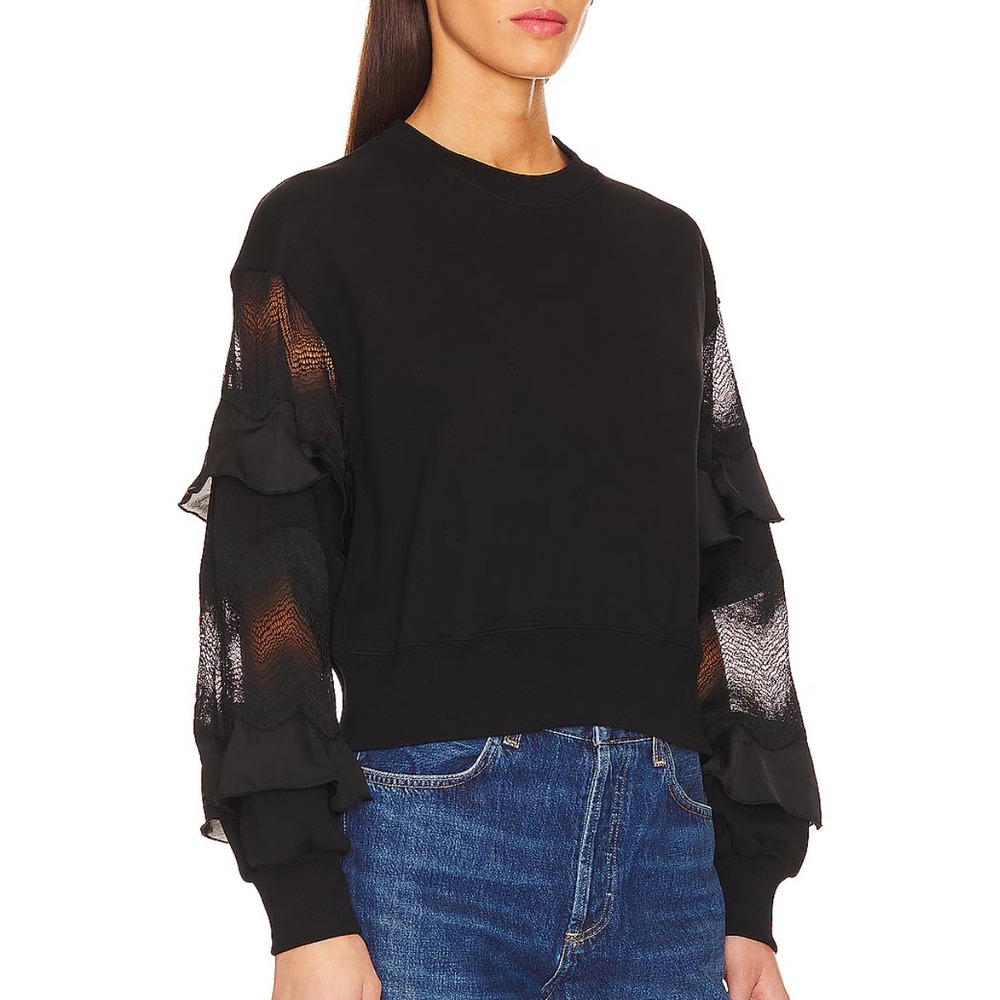 NWOT AllSaints Black Organic Cotton Gracie Sweatshirt Lace Ruffle Sleeve Large - Picture 2 of 15